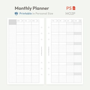 Può includere: Un planner mensile stampabile in formato personale, con un layout a griglia per ogni giorno della settimana. Il planner include il testo "Monthly Planner" e "Printable in Personal Size". Il design è semplice e funzionale.
