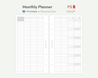 Monthly Planner Inserts Personal Size Printable -  Undated Ring Binder Refill Pages - Minimal PDF MO2P Planner - Hobonichi Clean Template