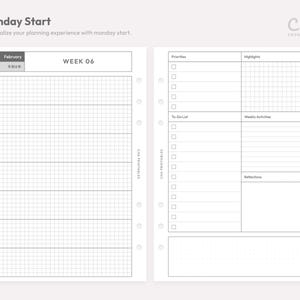 May include: A two-page weekly planner insert with a Monday start. The left page features a grid layout for days Monday through Sunday, labeled with February 2026. The right page includes sections for priorities, highlights, a to-do list, weekly activities, and reflections.