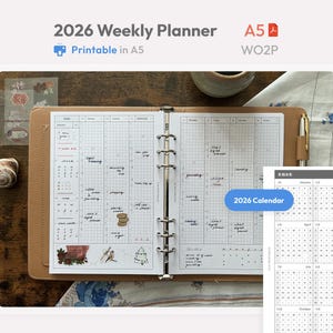 Wochenplaner-Einlagen 2026, A6-Format, zum Ausdrucken – Datierte Ringbuch-Nachfüllseiten – Minimales PDF WO2P – Hobonichi-Stil