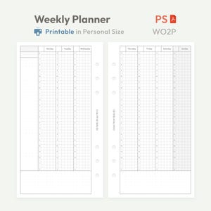 Può includere: Un planner settimanale stampabile in formato personale, con una griglia per ogni giorno della settimana. Il planner include il testo "Weekly Planner" e "Printable in Personal Size". Design semplice e funzionale.
