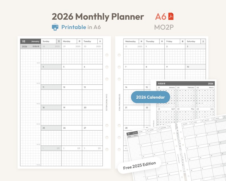 2026 Monthly Planner Inserts A6 Size Printable - Dated Ring Binder ...