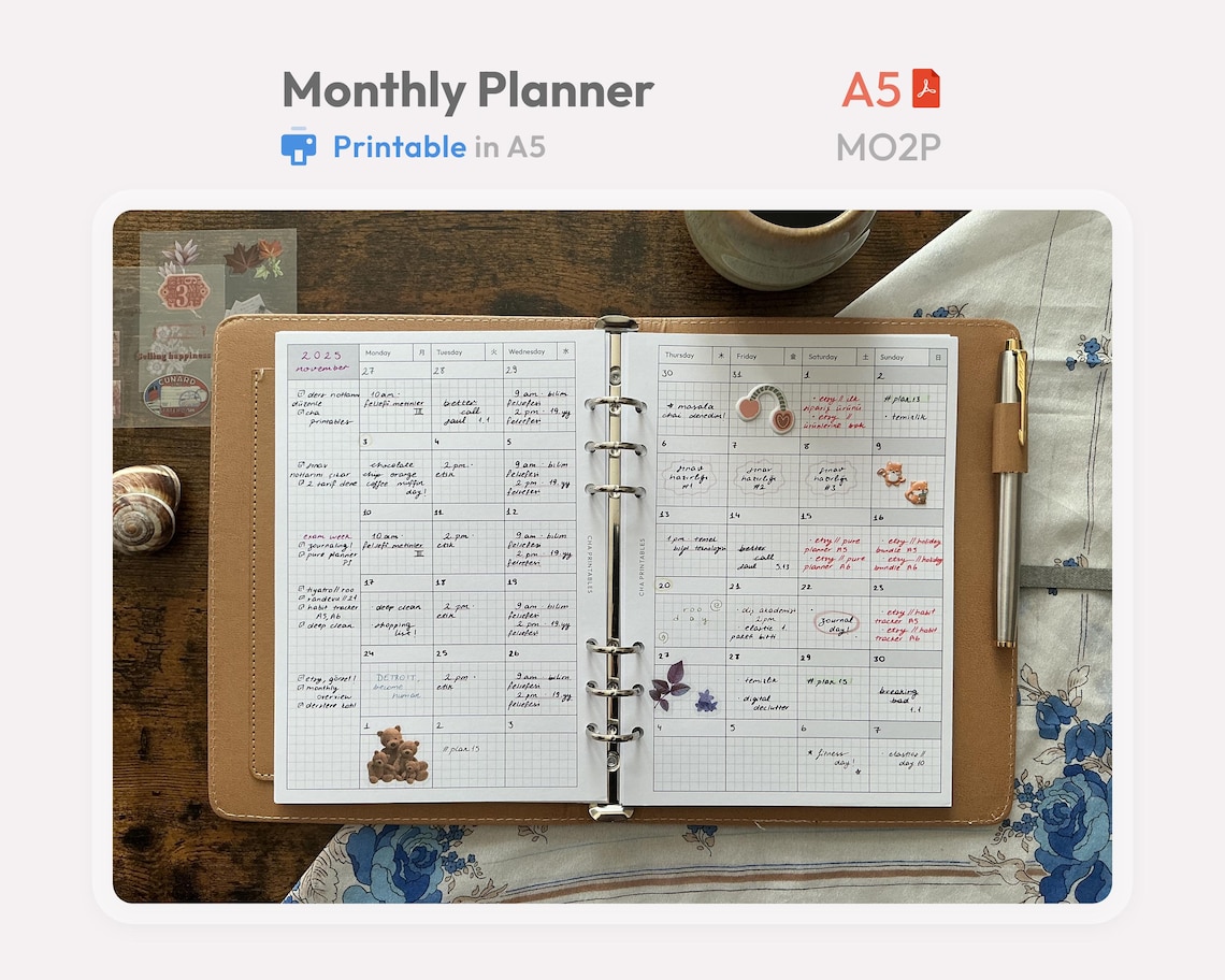 Monthly Planner Inserts A5 Printable - Undated Ring Binder Refill Pages ...
