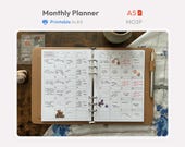 Monthly Planner Inserts A5 Printable -  Undated Ring Binder Refill Pages - Minimal PDF MO2P Planner - Hobonichi Style Clean Template