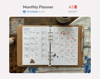 Monthly Planner Inserts A5 Printable -  Undated Ring Binder Refill Pages - Minimal PDF MO2P Planner - Hobonichi Style Clean Template