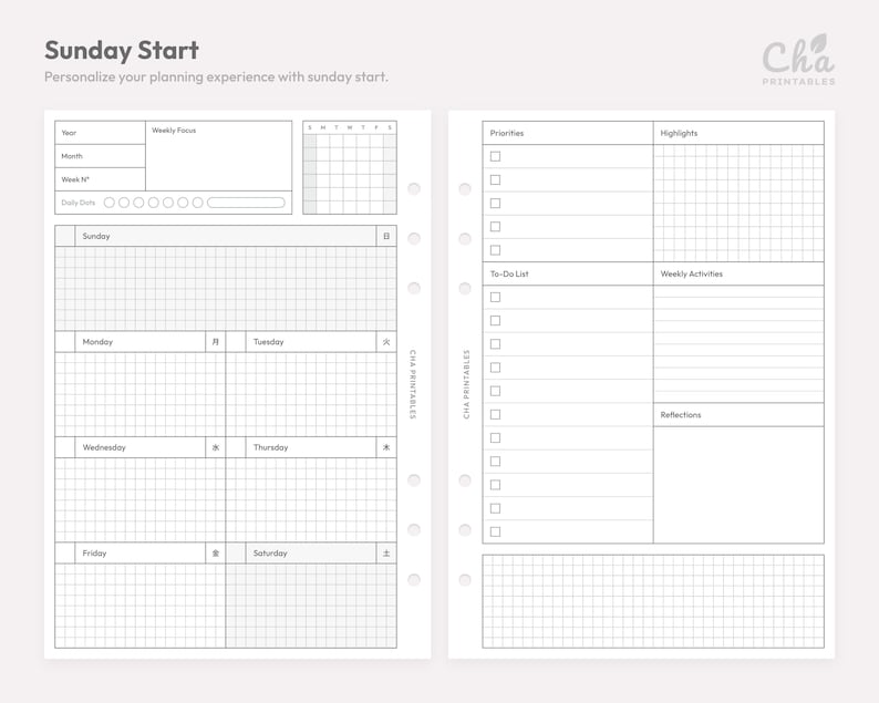 designed for simple, flexible, and functional weekly planning. Includes Monday and Sunday start versions weekly planner