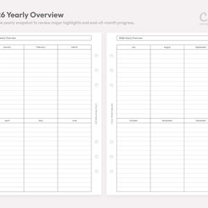 May include: A white 2026 Yearly Overview planner spread with lined sections for each month. The text "2026 Yearly Overview" is at the top, with the words "January" through "December" labeling the columns. The planner is designed to review major highlights and end-of-month progress.