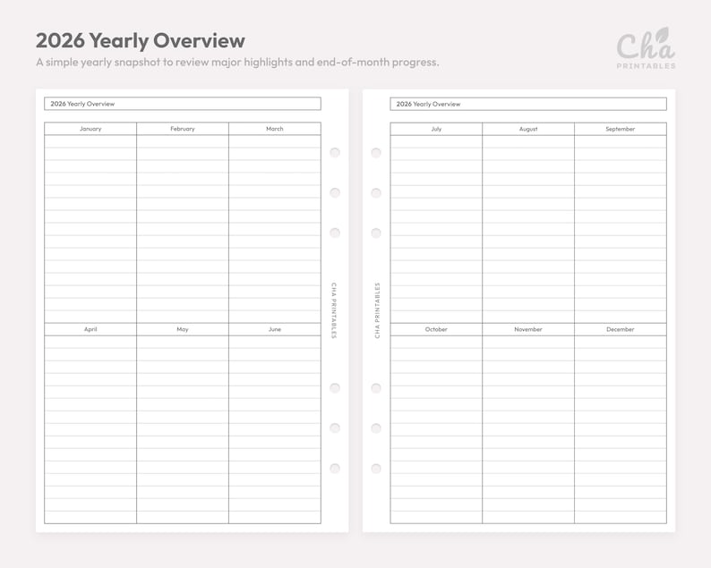 May include: A white 2026 Yearly Overview planner spread with lined sections for each month. The text "2026 Yearly Overview" is at the top, with the words "January" through "December" labeling the columns. The planner is designed to review major highlights and end-of-month progress.