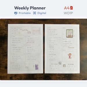May include: A Weekly Planner with the text "Weekly Planner Printable Digital" and "A4 WO1P". The planner is open to two pages with handwritten notes, a calendar, and small illustrations. The background is a dark wood grain.