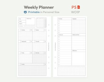 Weekly Planner Inserts Personal Size Printable -  Undated Ring Binder Refill Pages - Minimal PDF WO1P Planner - Hobonichi Clean Template