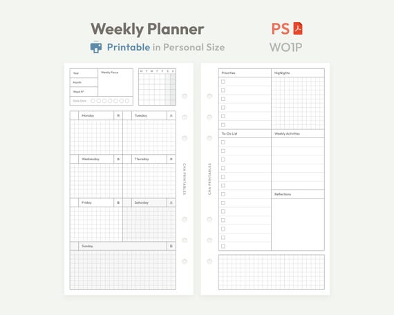 Weekly Planner Inserts Personal Size Printable -  Undated Ring Binder Refill Pages - Minimal PDF WO1P Planner - Hobonichi Clean Template