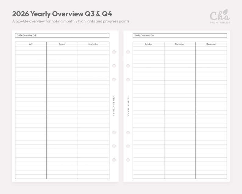 2026 Yearly Planner Quarter Inserts A5 Printable – Annual Overview – Minimal Ring Binder PDF YO2P image 9