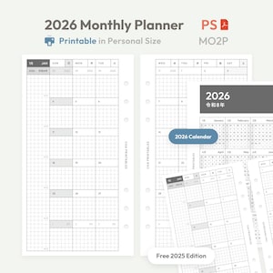 May include: Printable 2026 monthly planner pages in personal size. The pages are white with a grid layout and include the text "2026 Monthly Planner" and "Printable in Personal Size". A 2026 calendar is also included.