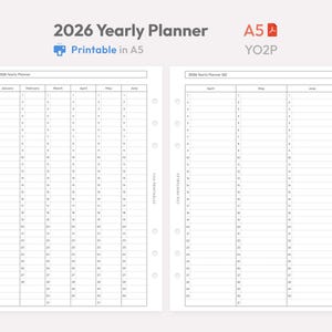 May include: A two-page spread of a 2026 yearly planner, printable in A5 size. The left page shows January through June, and the right page shows April through June. The planner has a light gray background with black text.