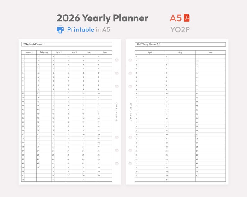 May include: A two-page spread of a 2026 yearly planner, printable in A5 size. The left page shows January through June, and the right page shows April through June. The planner has a light gray background with black text.