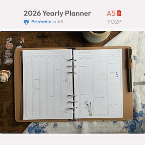 2026 Yearly Planner Quarter Inserts A5 Printable – Annual Overview – Minimal Ring Binder PDF YO2P