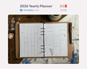 2026 Yearly Planner Quarter Inserts A5 Printable – Annual Overview – Minimal Ring Binder PDF YO2P