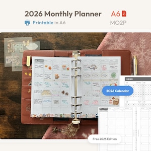 Planificador mensual 2026 (tamaño A6, imprimible) - Recambio de anillas con fecha - Planificador minimalista (MO2P) en PDF - Estilo Hobonichi