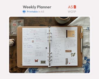 Weekly Planner Inserts A5 Size Printable -  Undated Ring Binder Refill Pages - Minimal PDF WO1P Planner - Hobonichi Style Clean Template