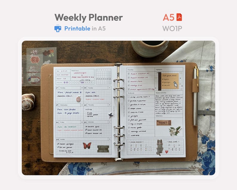 A5 Hobonichi-inspired weekly planner insert printable designed for simple, flexible, and functional weekly planning. Includes Monday and Sunday start versions with two-page spreads. Binder-friendly margins and clean layouts support productive task management and reflective planning. Delivered as high-quality PDF files in a ZIP folder. Ideal for customizable, mindful organization. Digital download only; no physical item shipped.