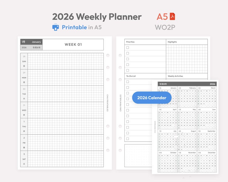May include: A 2026 weekly planner printable in A5 size. The layout features a grid-based weekly schedule on the left page and a priorities, highlights, and to-do list section on the right, accompanied by a separate 2026 calendar sheet.