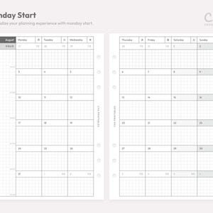 May include: A two-page monthly planner insert for August 2026 with a Monday start. The grid layout features columns for each day of the week, including Japanese characters for days, and six binder holes on the inner edges. The text reads Monday Start.