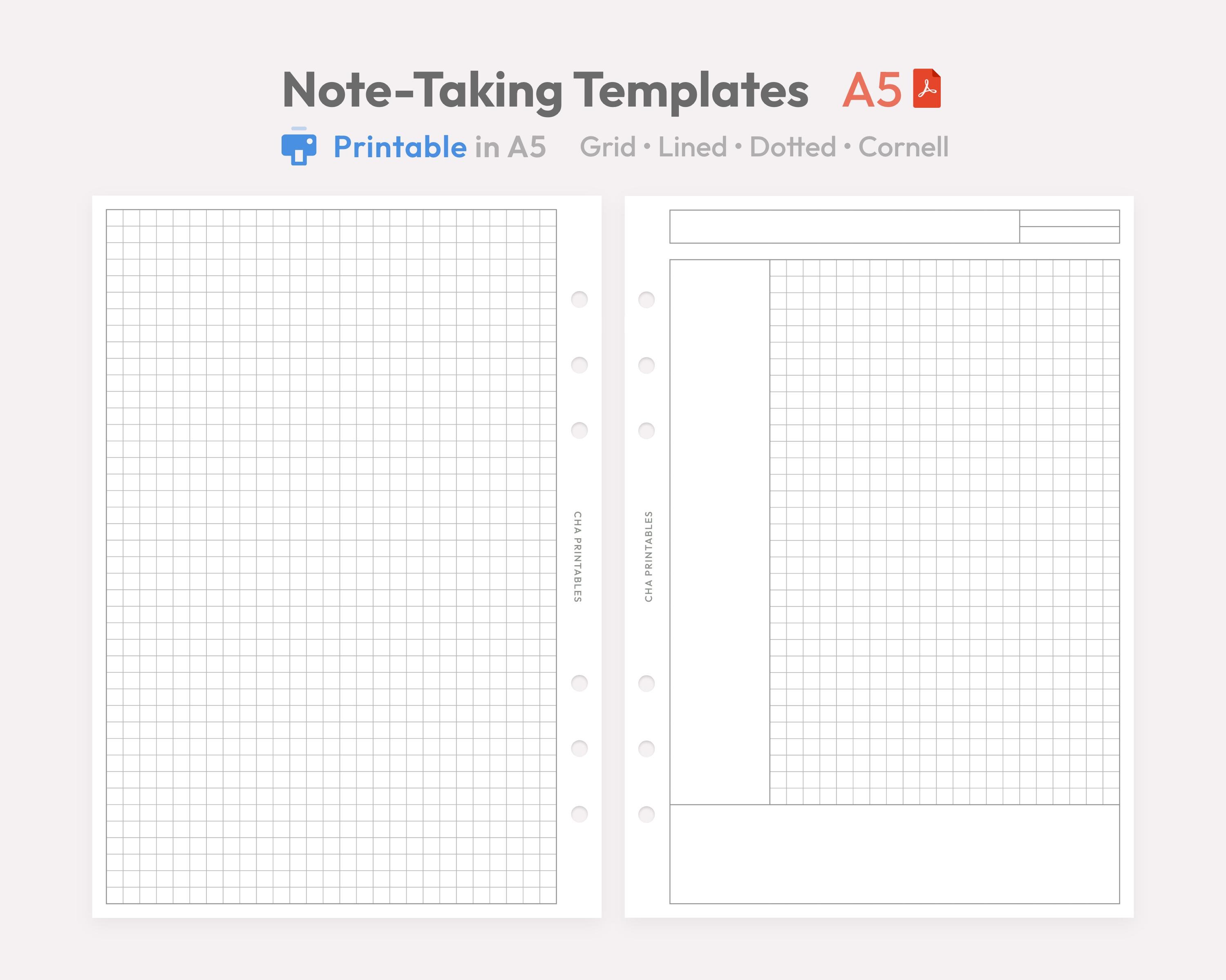 Block Note Insert Ideas Note-taking Inserts A5 Size Printable - Grid Lined Dotted Cornell Ring ...