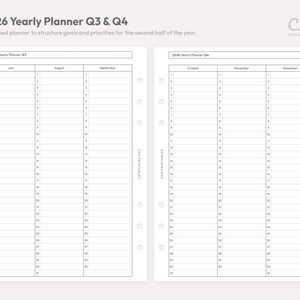 May include: A white 2026 yearly planner, Q3 and Q4, with a focused layout for structuring goals and priorities. The planner includes sections for July, August, September, October, November, and December. The text "Cha Printables" is visible.