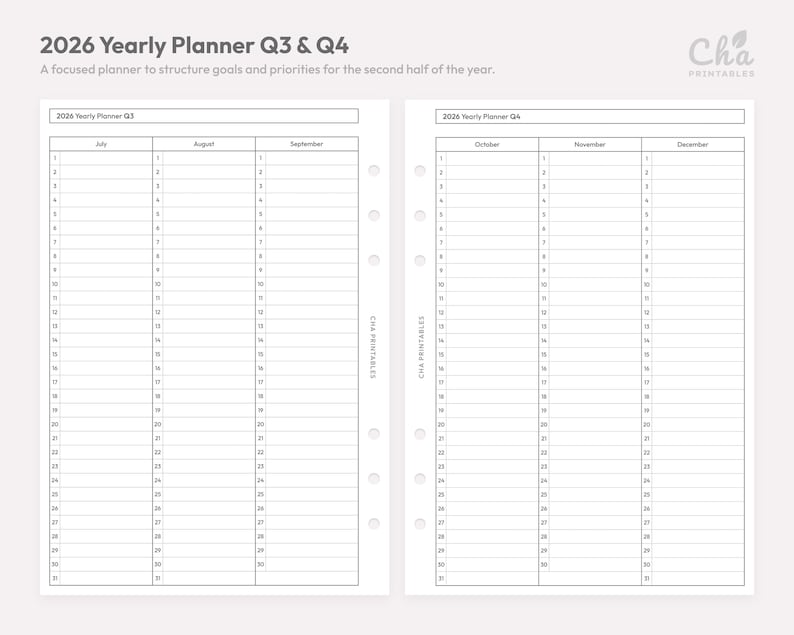 May include: A white 2026 yearly planner, Q3 and Q4, with a focused layout for structuring goals and priorities. The planner includes sections for July, August, September, October, November, and December. The text "Cha Printables" is visible.