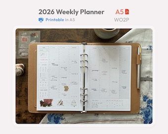 2026 Weekly Planner Inserts A5 Size Printable -  Dated Ring Binder Refill Pages - Vertical WO2P - Hobonichi Style PDF
