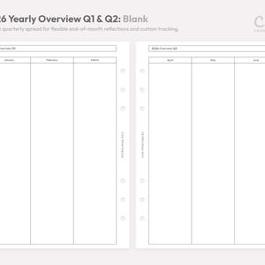 May include: A blank, white 2026 yearly overview planner spread for Q1 and Q2. The planner includes sections for January, February, March, April, May, and June. The text at the top reads "2026 Yearly Overview Q1 & Q2: Blank."