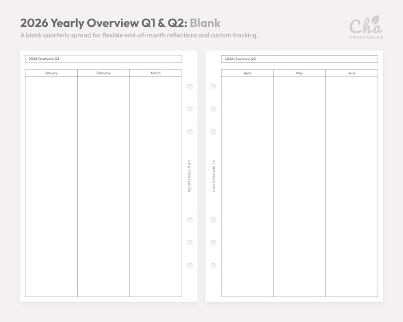 May include: A blank, white 2026 yearly overview planner spread for Q1 and Q2. The planner includes sections for January, February, March, April, May, and June. The text at the top reads "2026 Yearly Overview Q1 & Q2: Blank."