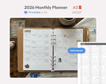 2026 Monthly Planner Inserts A5 Size Printable -  Dated Ring Binder Refill Pages Calendar - Minimal PDF MO2P Planner - Hobonichi Style