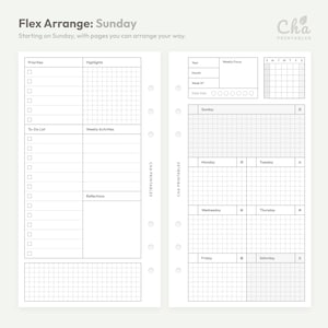 May include: A white planner insert with a grid layout for weekly and daily planning. The text "Flex Arrange: Sunday" is at the top, with sections for priorities, highlights, and a to-do list. The insert includes a calendar and space for notes.