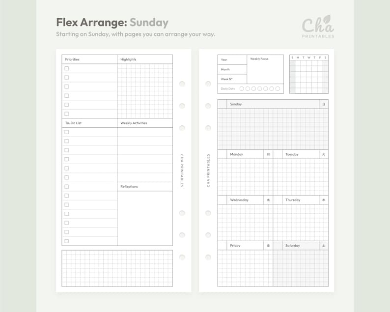 May include: A white planner insert with a grid layout for weekly and daily planning. The text "Flex Arrange: Sunday" is at the top, with sections for priorities, highlights, and a to-do list. The insert includes a calendar and space for notes.
