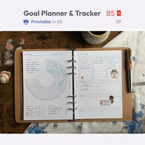 Peut inclure: Un planificateur d'objectifs B5 ouvert avec des pages imprimées. Le planificateur comprend un suivi d'objectifs circulaire et des sections pour les tâches quotidiennes et les notes. Un stylo repose sur le côté droit. Le texte "Goal Planner & Tracker" est en haut.