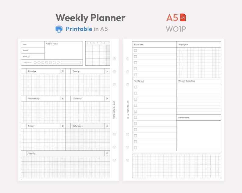 A5 Hobonichi-inspired weekly planner insert printable