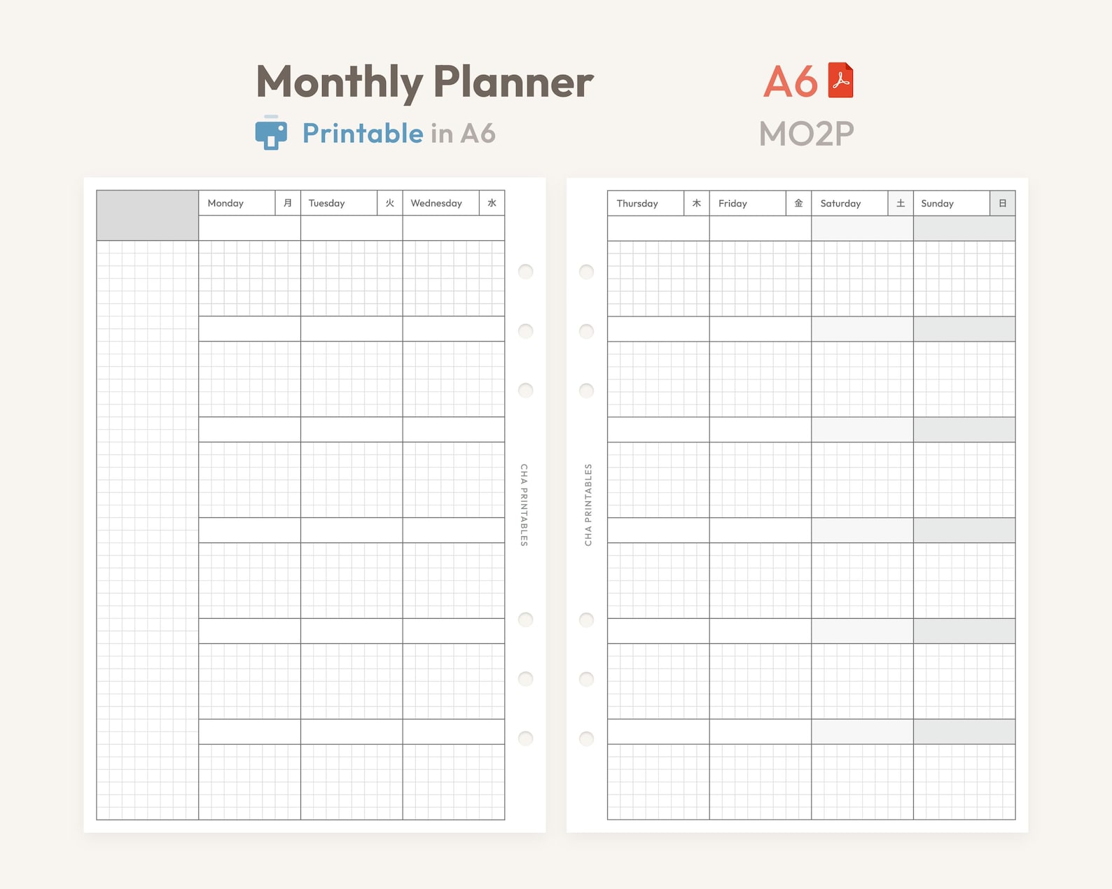 Monthly Planner Inserts A6 Printable - Undated Ring Binder Refill Pages ...