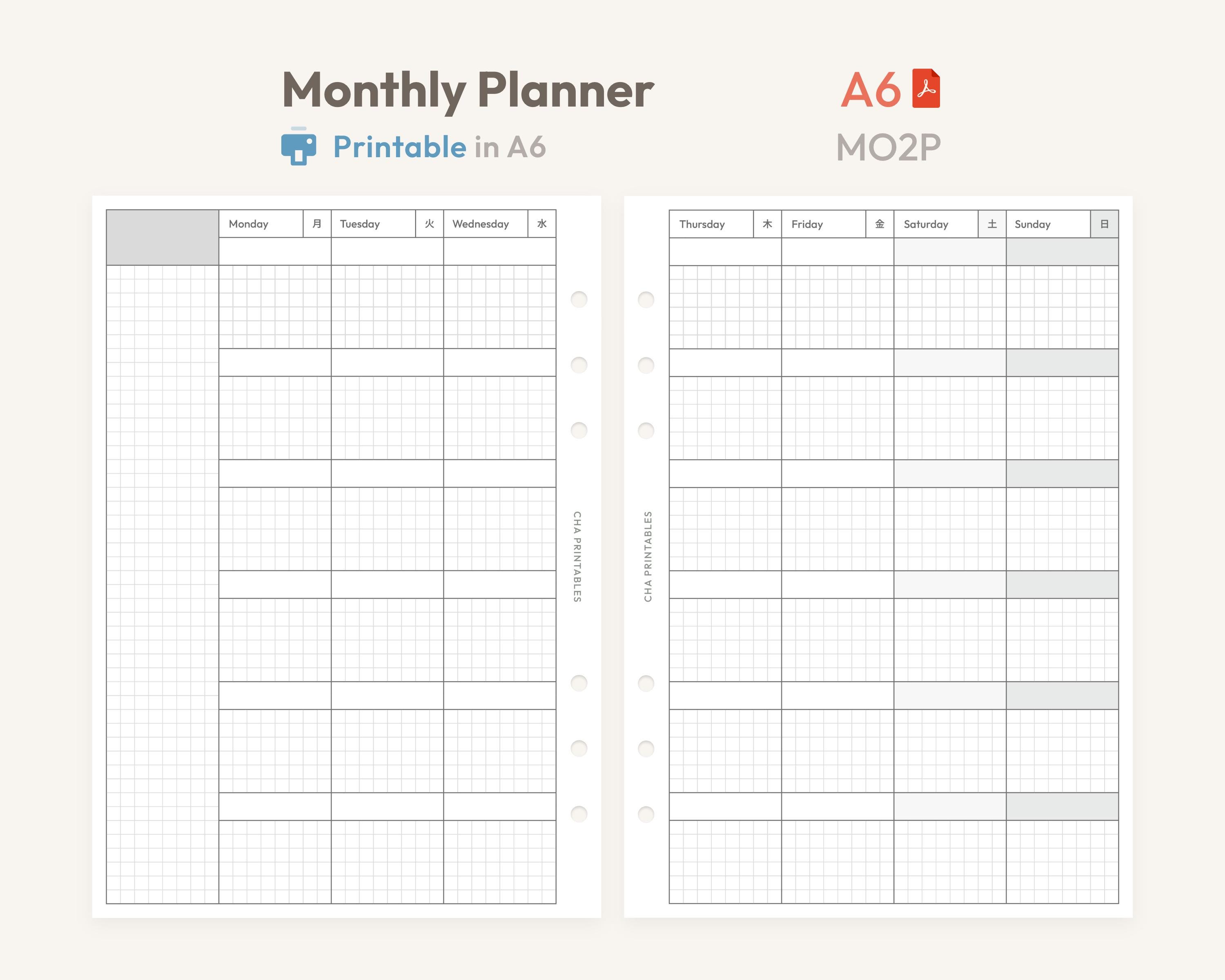 Monthly Planner Inserts A6 Printable - Undated Ring Binder Refill Pages ...