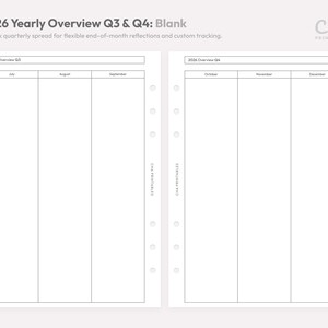May include: A blank, white 2026 yearly overview planner spread for Q3 and Q4. The planner includes sections for July, August, September, October, November, and December. The text "2026 Yearly Overview Q3 & Q4: Blank" is at the top.