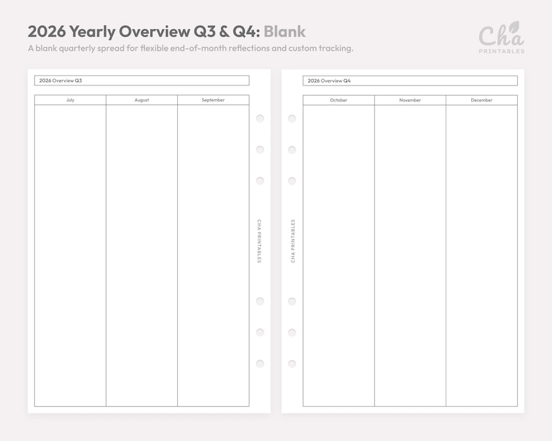 May include: A blank, white 2026 yearly overview planner spread for Q3 and Q4. The planner includes sections for July, August, September, October, November, and December. The text "2026 Yearly Overview Q3 & Q4: Blank" is at the top.