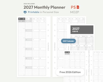 2026-2027 Monthly Planner Inserts Personal Size Printable -  Dated Ring Binder Refill Pages Calendar - MO2P Planner - Hobonichi Style
