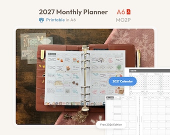 2027 Monthly Planner Inserts A6 Size Printable -  Dated Ring Binder Refill Pages Calendar - Minimal PDF MO2P Planner - Hobonichi Style