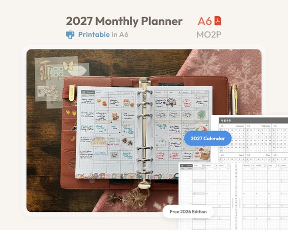 2027 Monthly Planner Inserts A6 Size Printable -  Dated Ring Binder Refill Pages Calendar - Minimal PDF MO2P Planner - Hobonichi Style