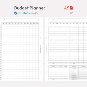 May include: A white A5 budget planner printable with a spending tracker and monthly budget sections. The planner includes sections for income, expenses, savings, and financial status. The text "Budget Planner" and "Printable in A5" are at the top.