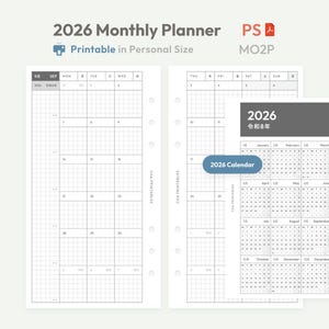 Pode incluir: Um planejador mensal 2026 imprimível em tamanho pessoal com layout de grade. O planejador apresenta duas páginas mostrando uma grade de calendário mensal e uma folha separada exibindo o calendário anual completo de 2026.