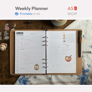 Planificador semanal imprimible A5 2026 - Diseño horizontal - Estilo Hobonichi - Inserto para carpeta de anillas - Hoja para TDAH