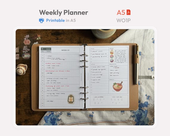 2026 Weekly Planner A5 Printable - Horizontal Layout - Hobonichi Style - Ring Binder Insert ADHD Sheet