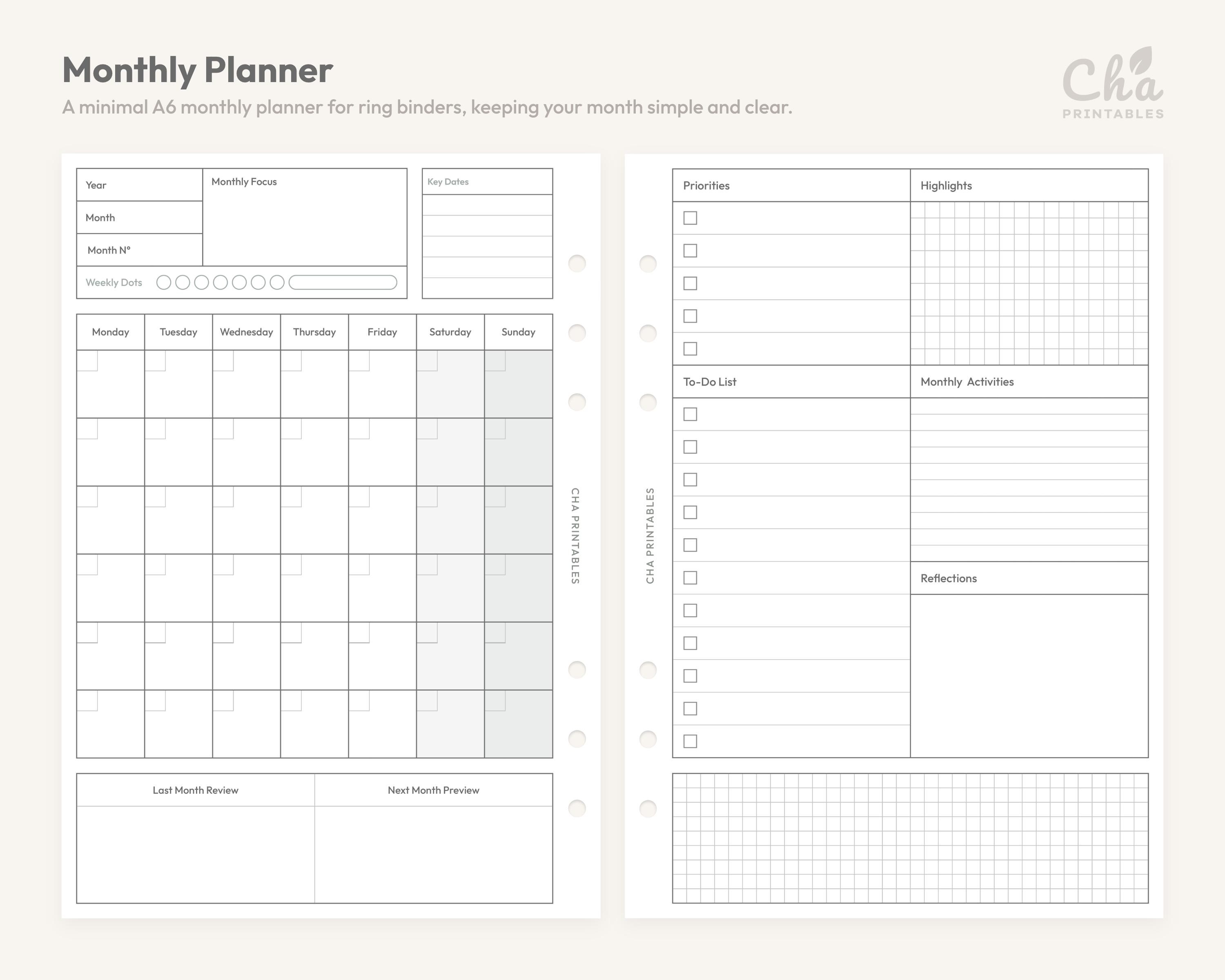 Monthly Planner Inserts A6 Size Printable - Undated Ring Binder Refill ...