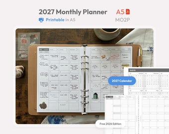2027 Monthly Planner Inserts A5 Size Printable -  Dated Ring Binder Refill Pages Calendar - Minimal PDF MO2P Planner - Hobonichi Style